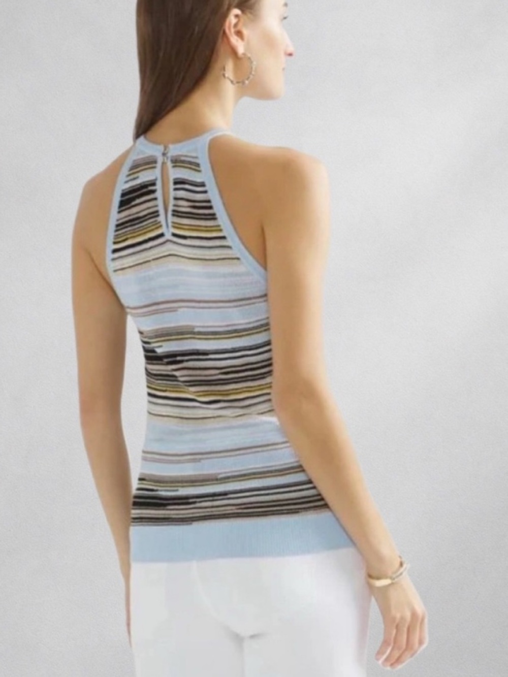 White House Black Market Striped Halter Knit Tank Top - Blue, White, Black & Tan - Picture 2 of 9